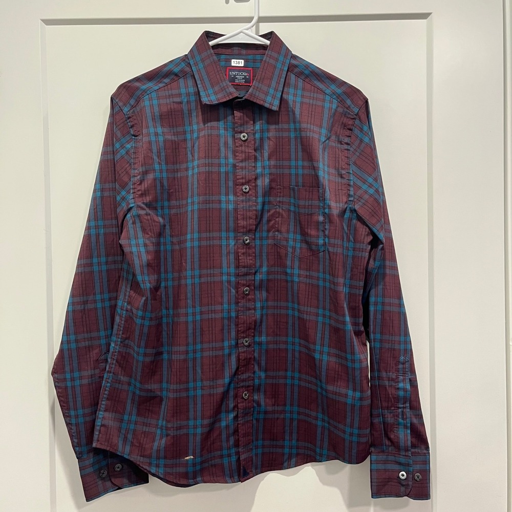 UNTUCKit Lanza Slim Fit Plaid Button Down Shirt Mens Medium Burgundy Teal 41243